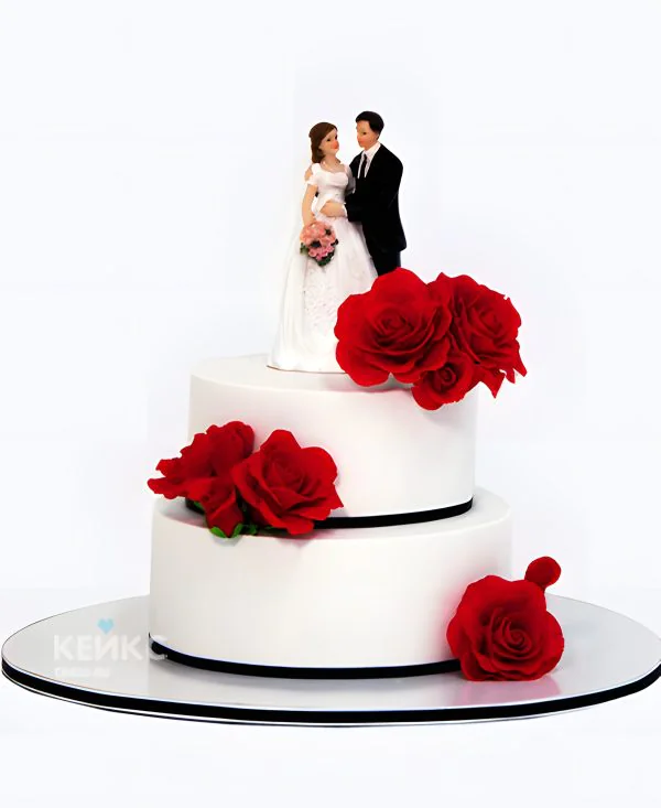 Свадебный торт мастика 2 яруса с фигурками молодоженов Свадебный торт мастика 2 яруса с фигурками молодоженов Фото
