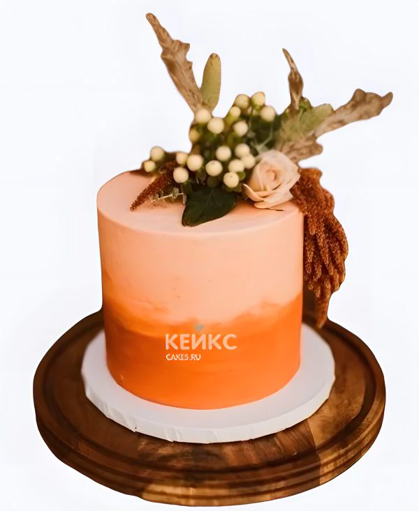 Свадебный торт персикового цвета два оттенка с букетом Фото
