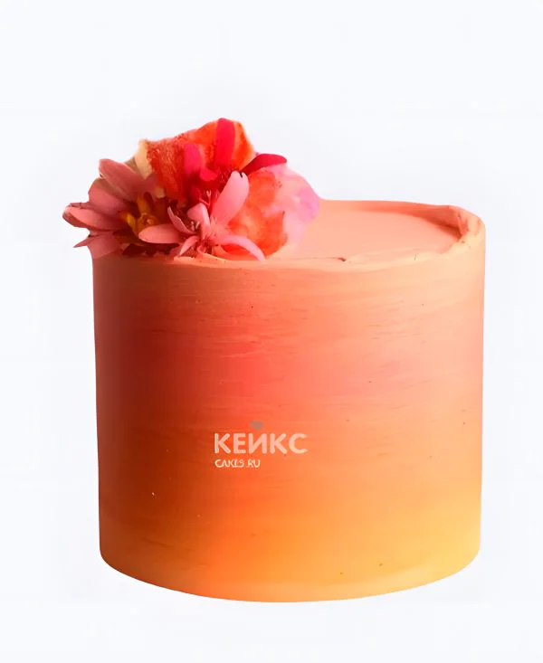 Одноярусный персиковый свадебный торт с цветком Фото