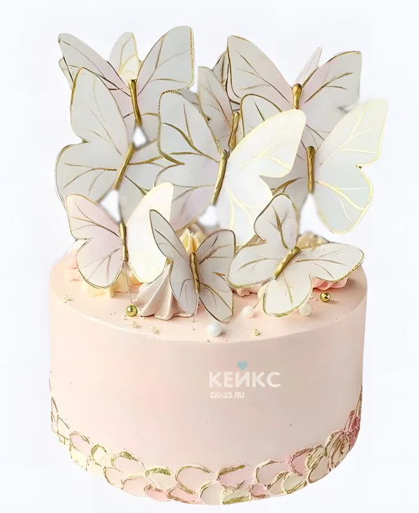 Свадебный торт с бабочками нежно-розовый Фото