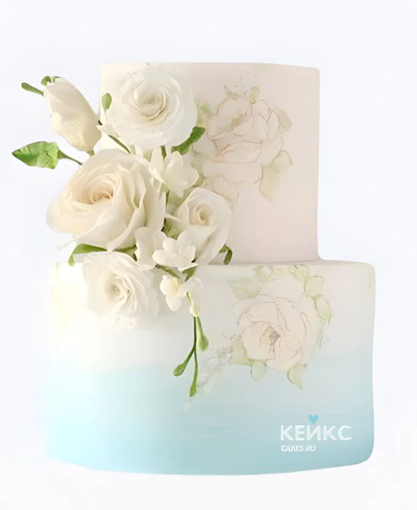 Сведебный торт с бело-голубым градиентом и розами Сведебный торт с бело-голубым градиентом и розами Фото