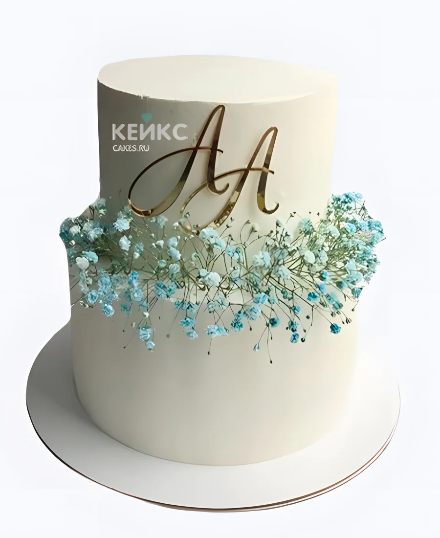Свадебный торт с инициалами и голубыми цветочками Фото