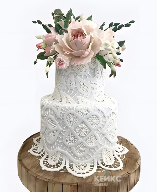 Свадебный торт с кружевом Нежный цветок Свадебный торт с кружевом Нежный цветок Фото