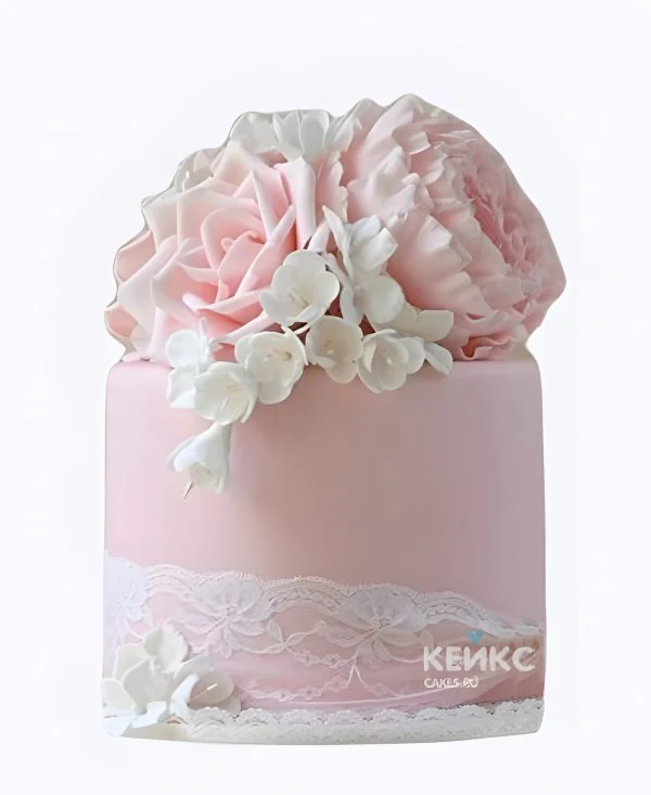 Свадебный торт с кружевом Розовый букет Свадебный торт с кружевом Розовый букет Фото