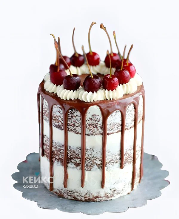 Свадебный торт с вишней с шоколадными подтеками Фото
