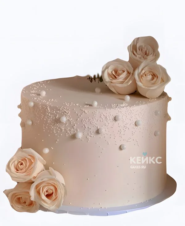 Свадебный торт с жемчугом Бежевый с розами Фото