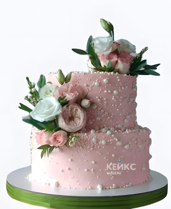 Свадебный торт с живыми цветами и жемчугом Свадебный торт с живыми цветами и жемчугом Фото