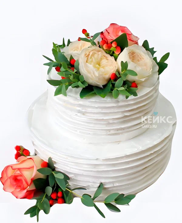 Свадебный торт с живыми цветами рифленый Свадебный торт с живыми цветами рифленый Фото