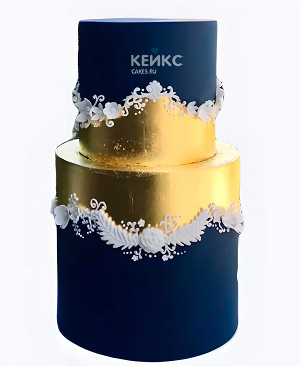 Свадебный торт синий с золотой сердцевиной и цветочными узорами Свадебный торт синий с золотой сердцевиной и цветочными узорами Фото