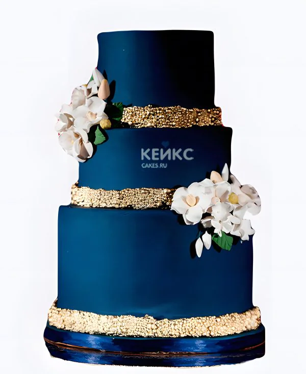 Свадебный торт синий с золотым ожерельем и цветами Свадебный торт синий с золотым ожерельем и цветами Фото