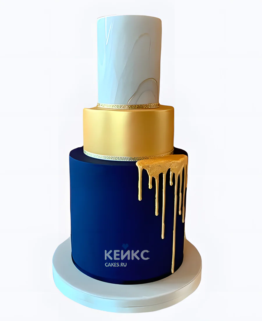Свадебный торт синий с золотыми подтеками Фото
