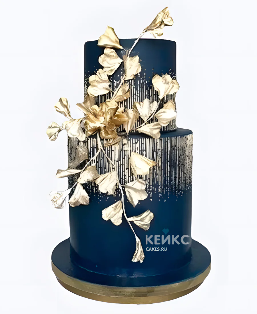 Свадебный торт синий Золотая ветка Фото