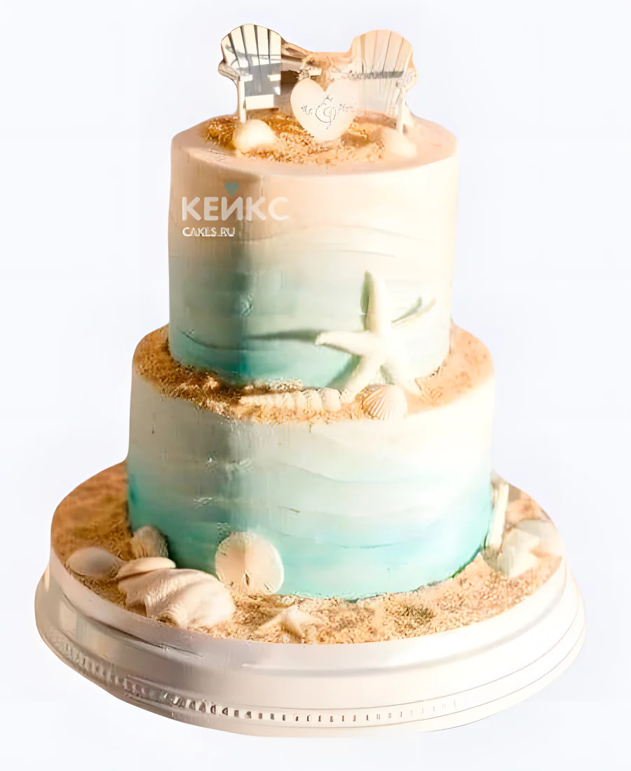 Свадебный торт в морском стиле Два кресла на песке с табличкой Фото