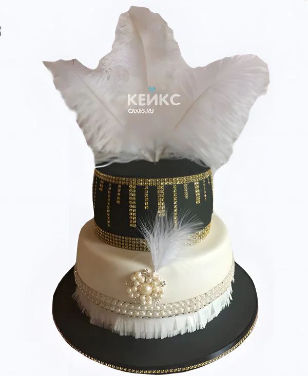 Свадебный торт в стиле Чикаго черно-белый с ожерельем Свадебный торт в стиле Чикаго черно-белый с ожерельем Фото