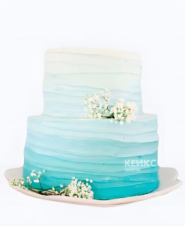 Свадебный торт в стиле Омбре нежно-голубой с цветочками Фото