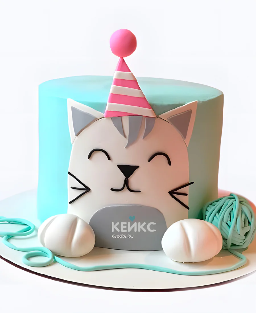 Торт девочке с клубком ниток и котиком Фото