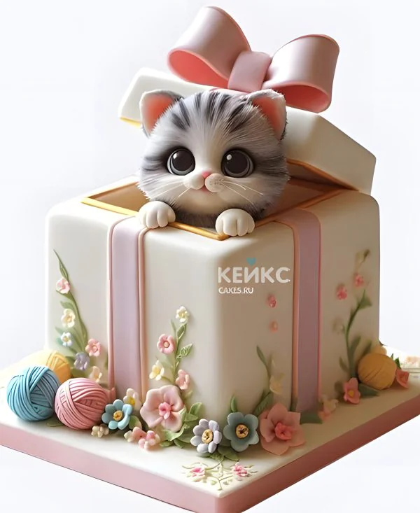 Торт девочке в виде подарочной коробки с котиком Торт девочке в виде подарочной коробки с котиком Фото