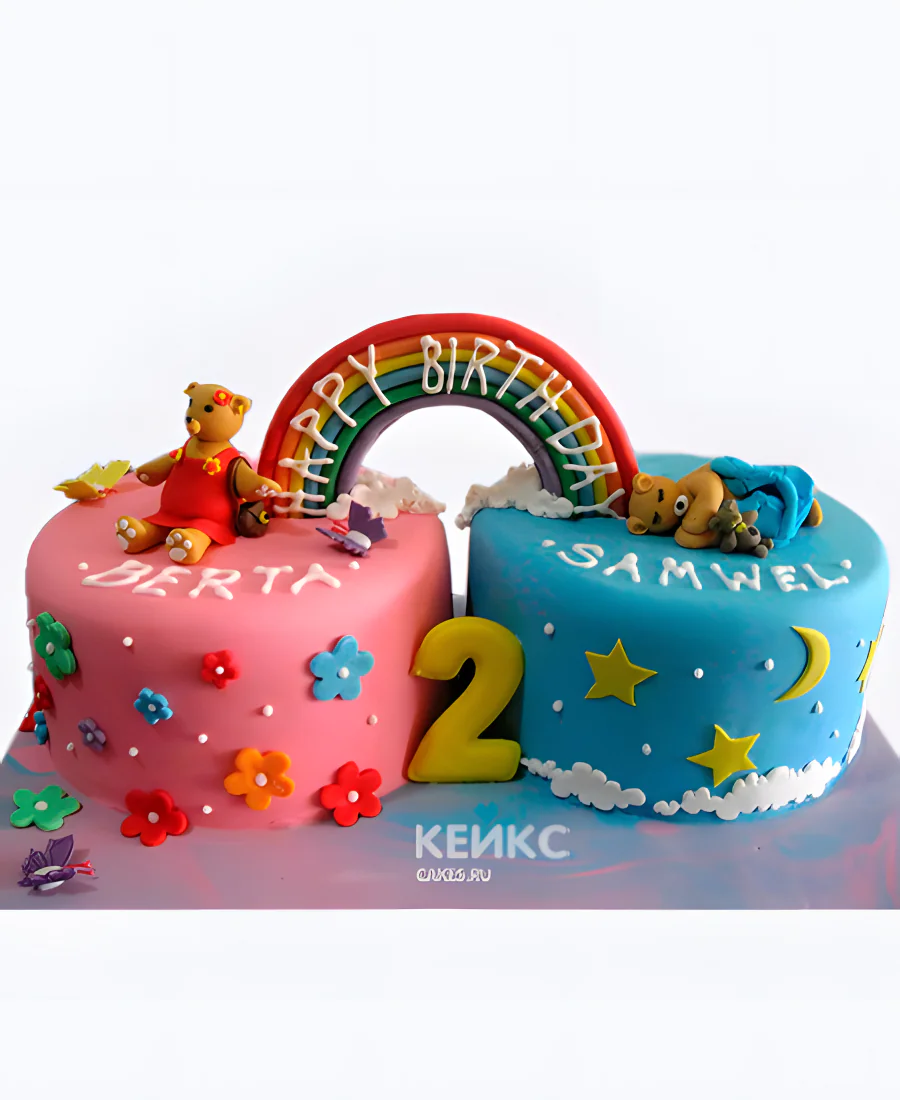 Торт для двойняшек с мишками и радугой Фото