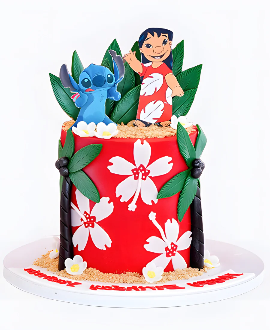 Торт красный с цветами и пальмами Фото