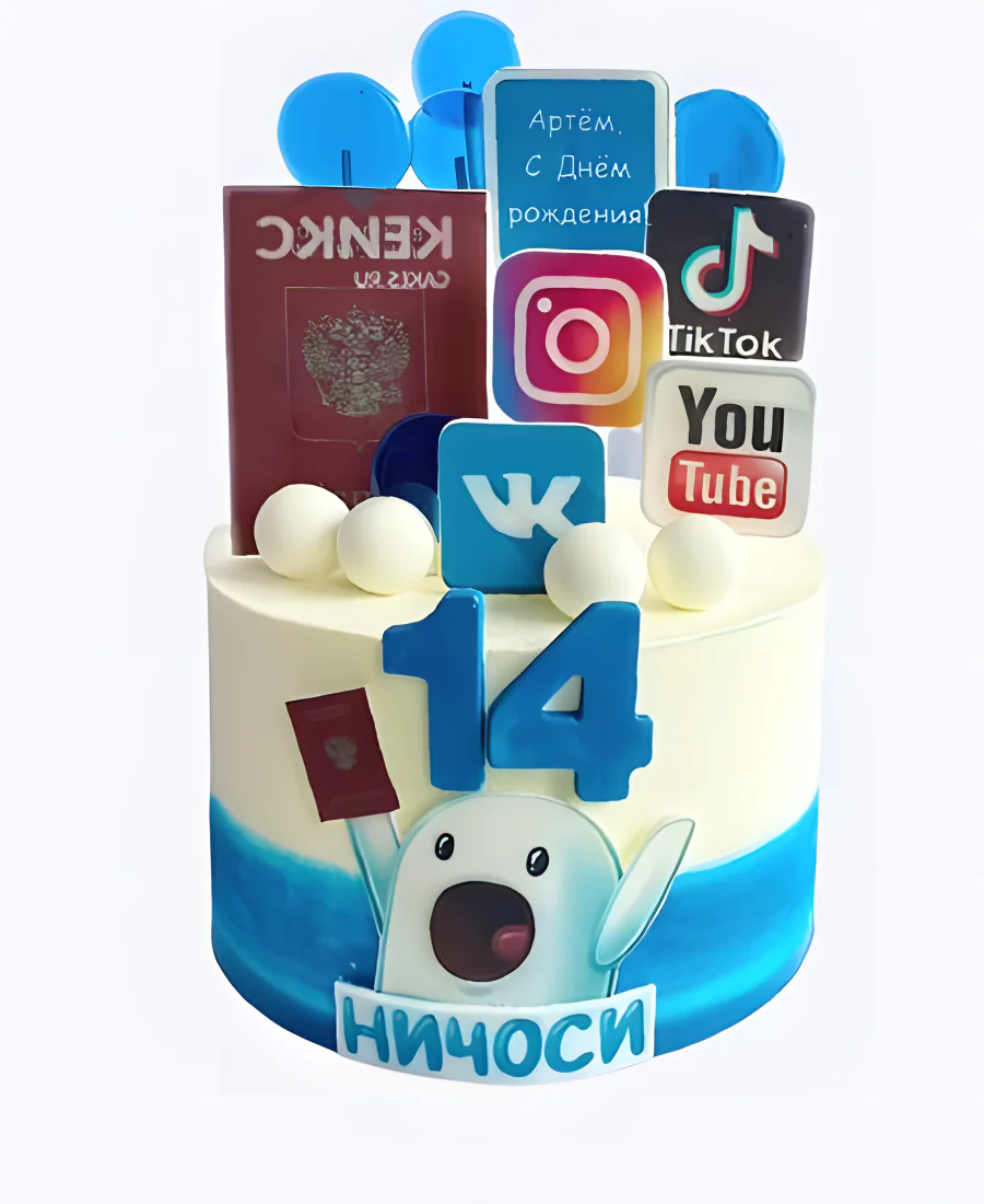 Торт на 14 лет со стикером и социальными сетями Торт на 14 лет со стикером и социальными сетями Фото