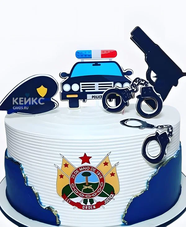 Торт на День полиции рифленый бело-синий с аппликацией Фото