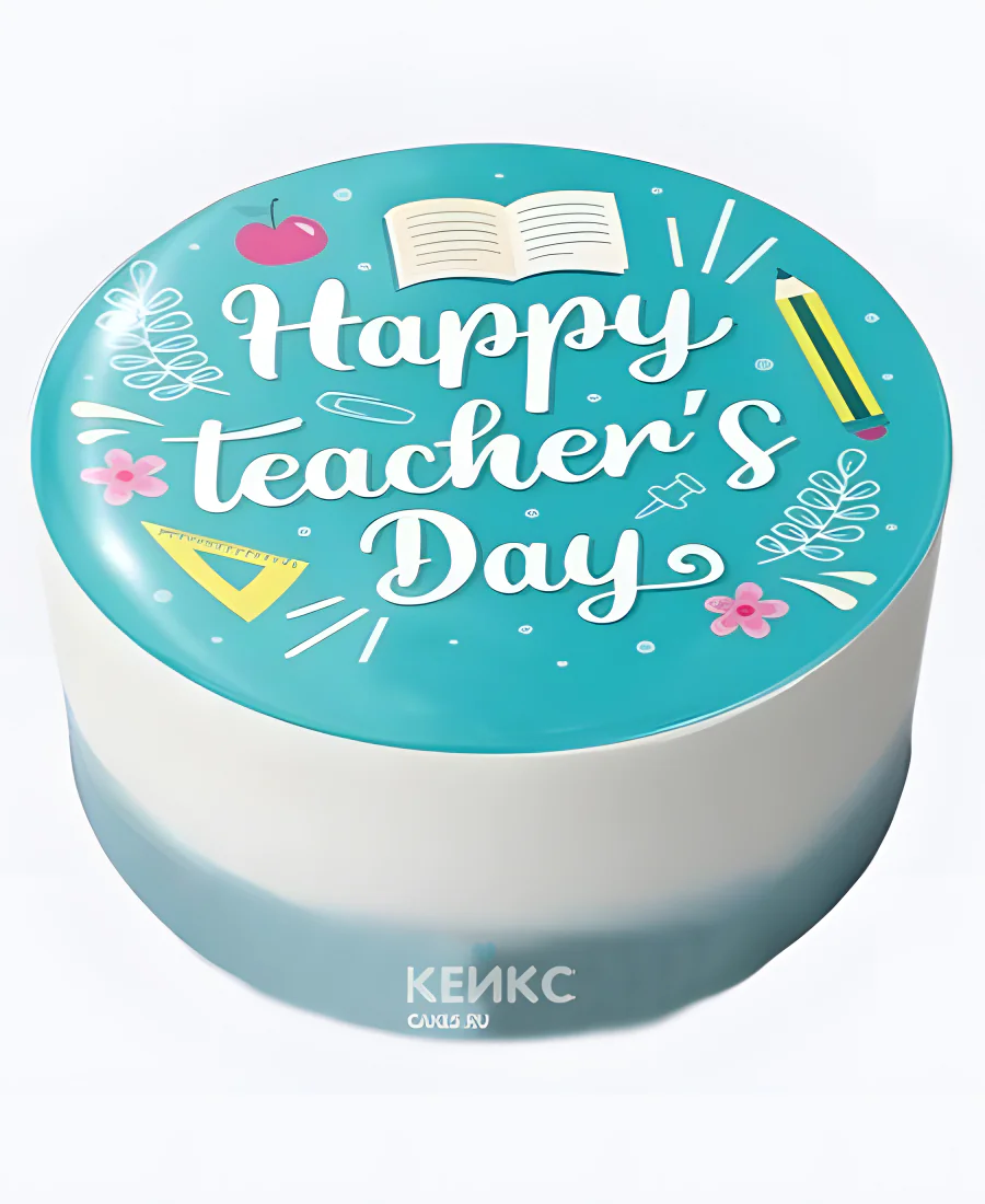 Торт на День учителя бело-голубой с фотопечатью Фото