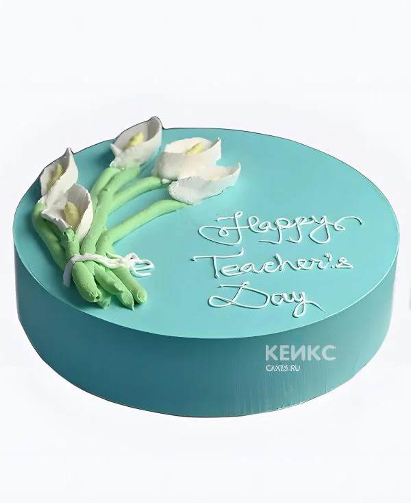 Торт на День учителя бирюзовый с цветами Фото