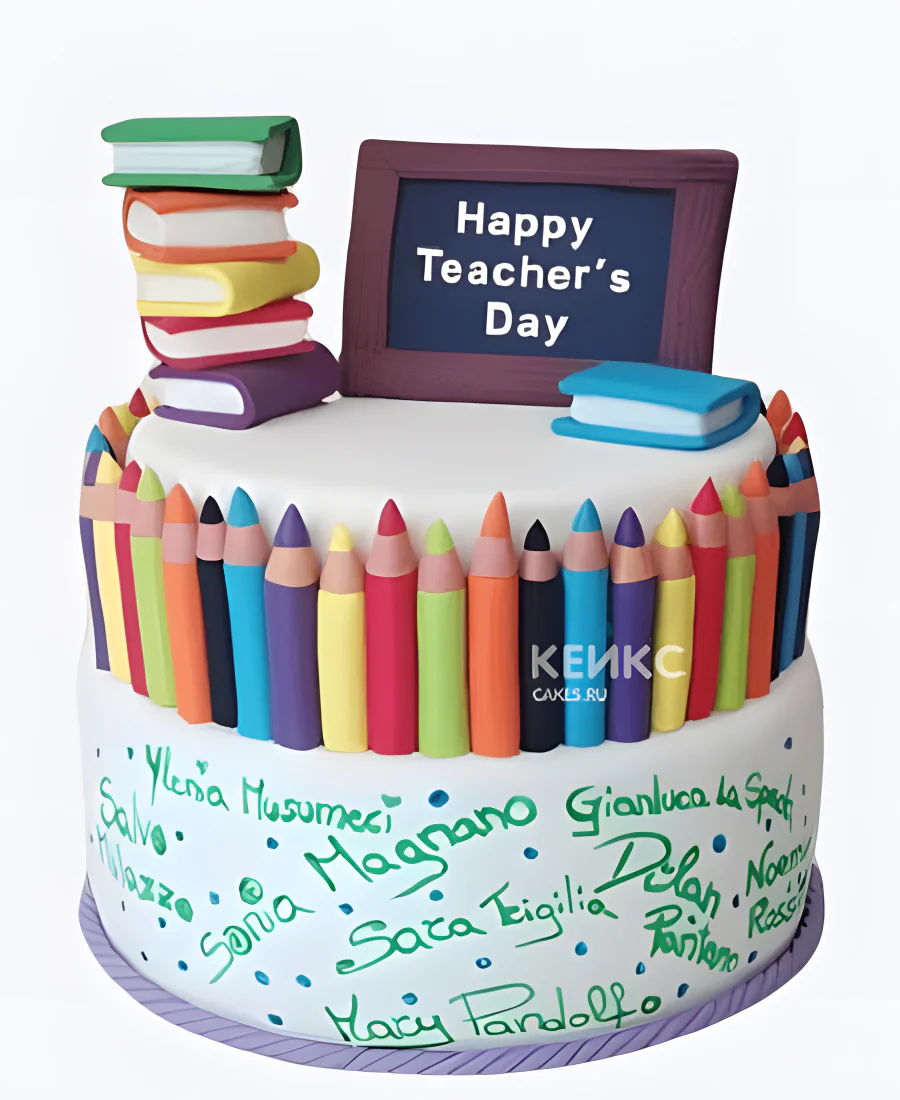 Торт на День учителя двухъярусный с карандашами и книгами Фото
