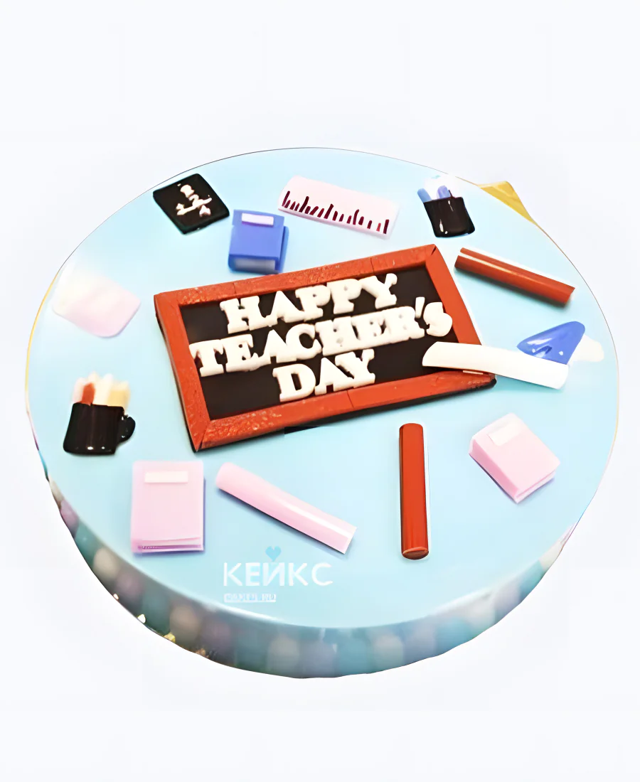 Торт на День учителя нежно-голубой с канцелярией Фото