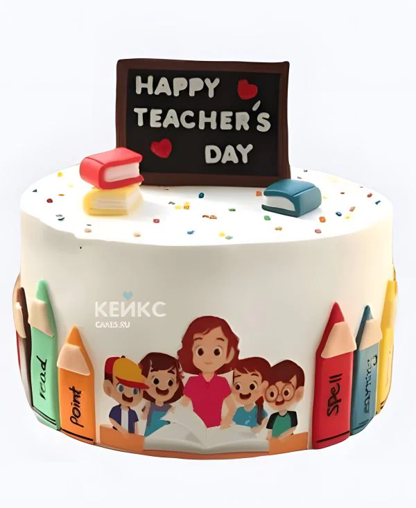 Торт на День учителя с книгами посыпкой и доской Фото