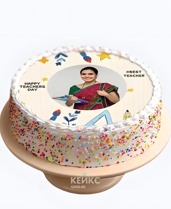 Торт на День воспитателя с фотопечатью и посыпкой Торт на День воспитателя с фотопечатью и посыпкой Фото