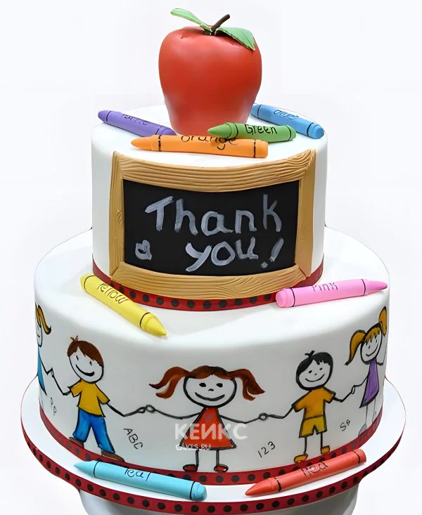 Торт на День воспитателя с яблоком и детскими рисунками Торт на День воспитателя с яблоком и детскими рисунками Фото