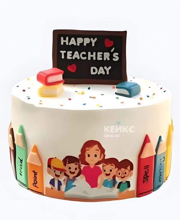 Торт на День воспитателя с карандашами и книгами Фото