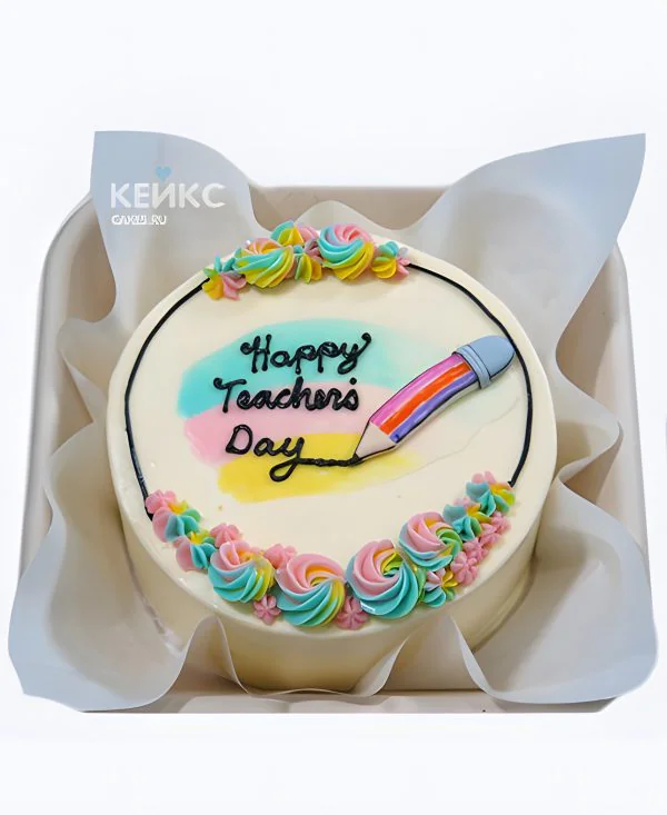 Торт на День воспитателя с радужной аппликацией Фото
