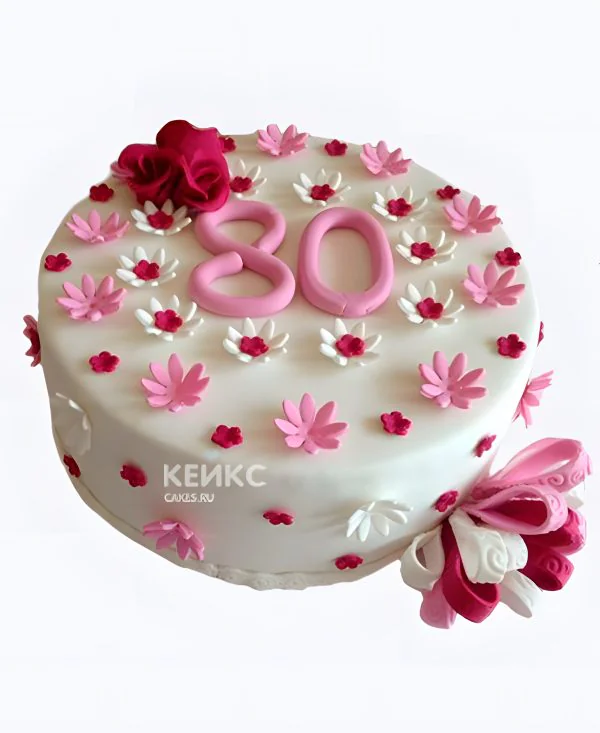 Торт на юбилей 80 лет с розовыми цветочками Торт на юбилей 80 лет с розовыми цветочками Фото