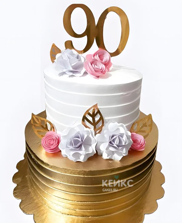 Торт на юбилей 90 лет с мастичными цветами Фото