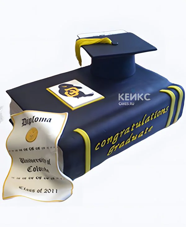 Торт на Получение диплома в форме книги с шапочкой и дипломом Фото