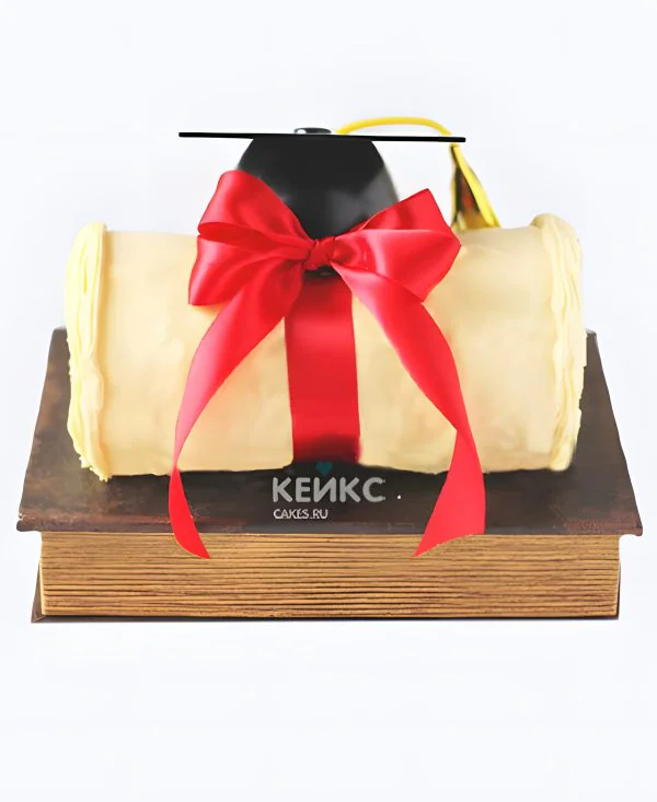 Торт на Получение диплома в форме книги свертка и шапочки Фото