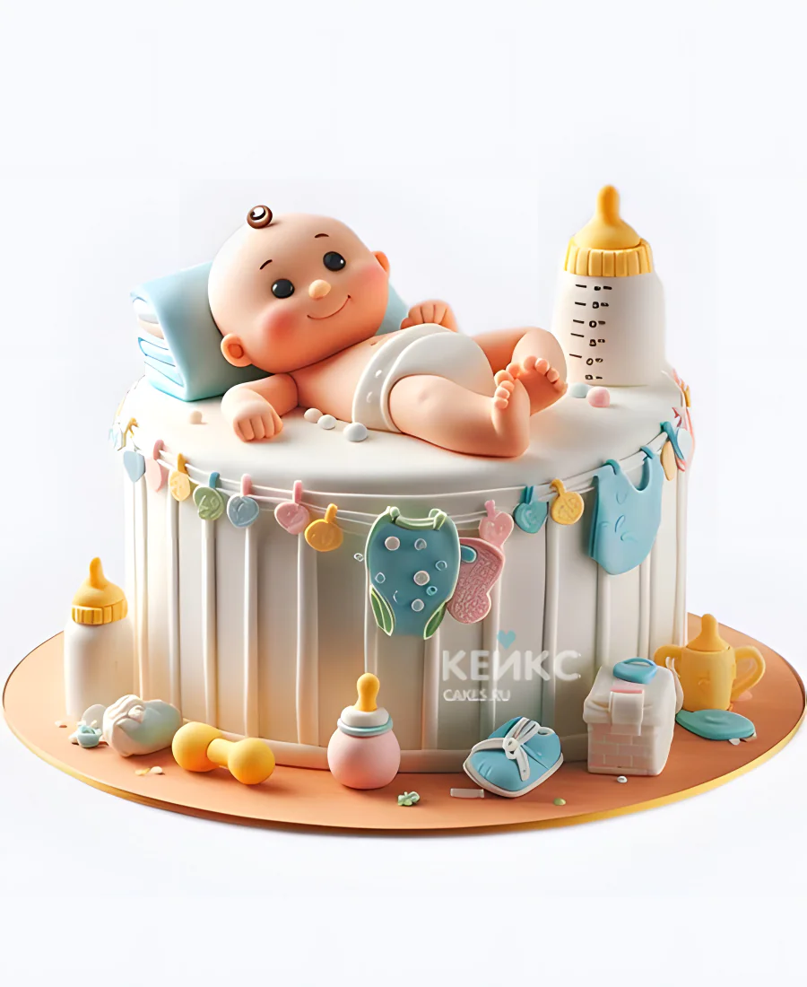 Торт на рождение ребенка с младенцем и игрушками Торт на рождение ребенка с младенцем и игрушками Фото