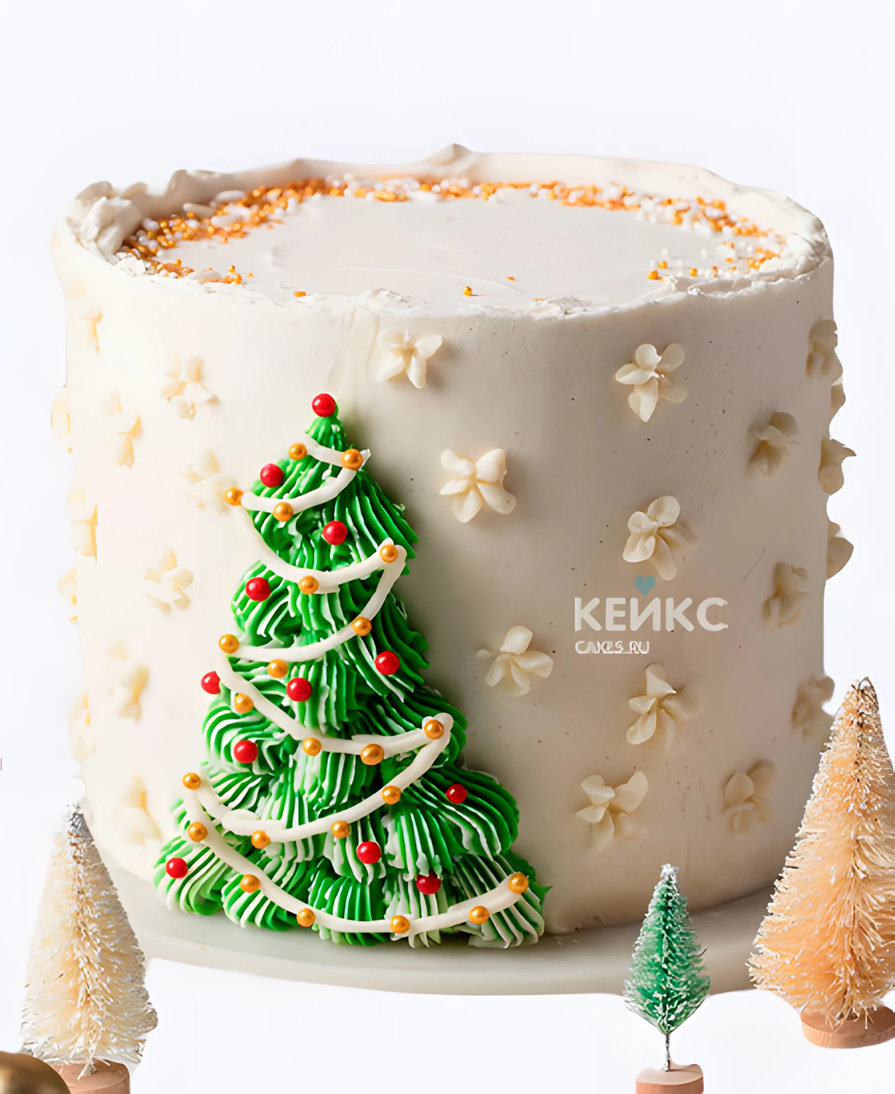 Торт на Рождество с елочкой и снежинками Фото