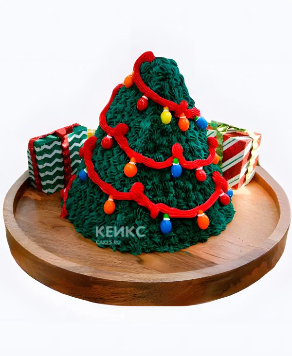 Торт на Рождество в форме елочки с подарками Фото