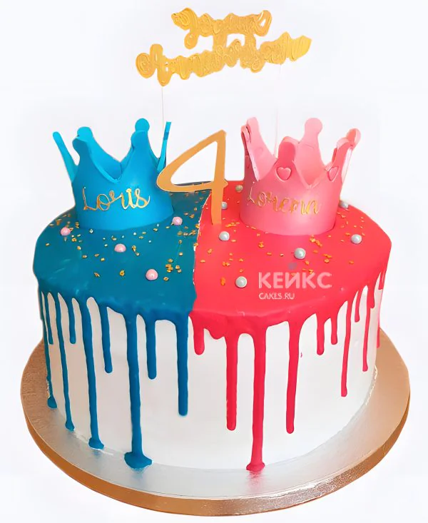 Торт с цветными подтеками для двойняшек Торт с цветными подтеками для двойняшек Фото