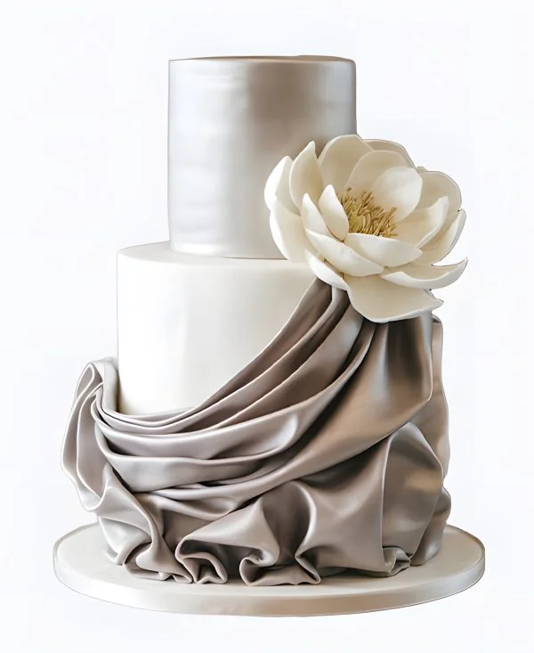 Торт свадебный с драпировкой и большим цветком Фото