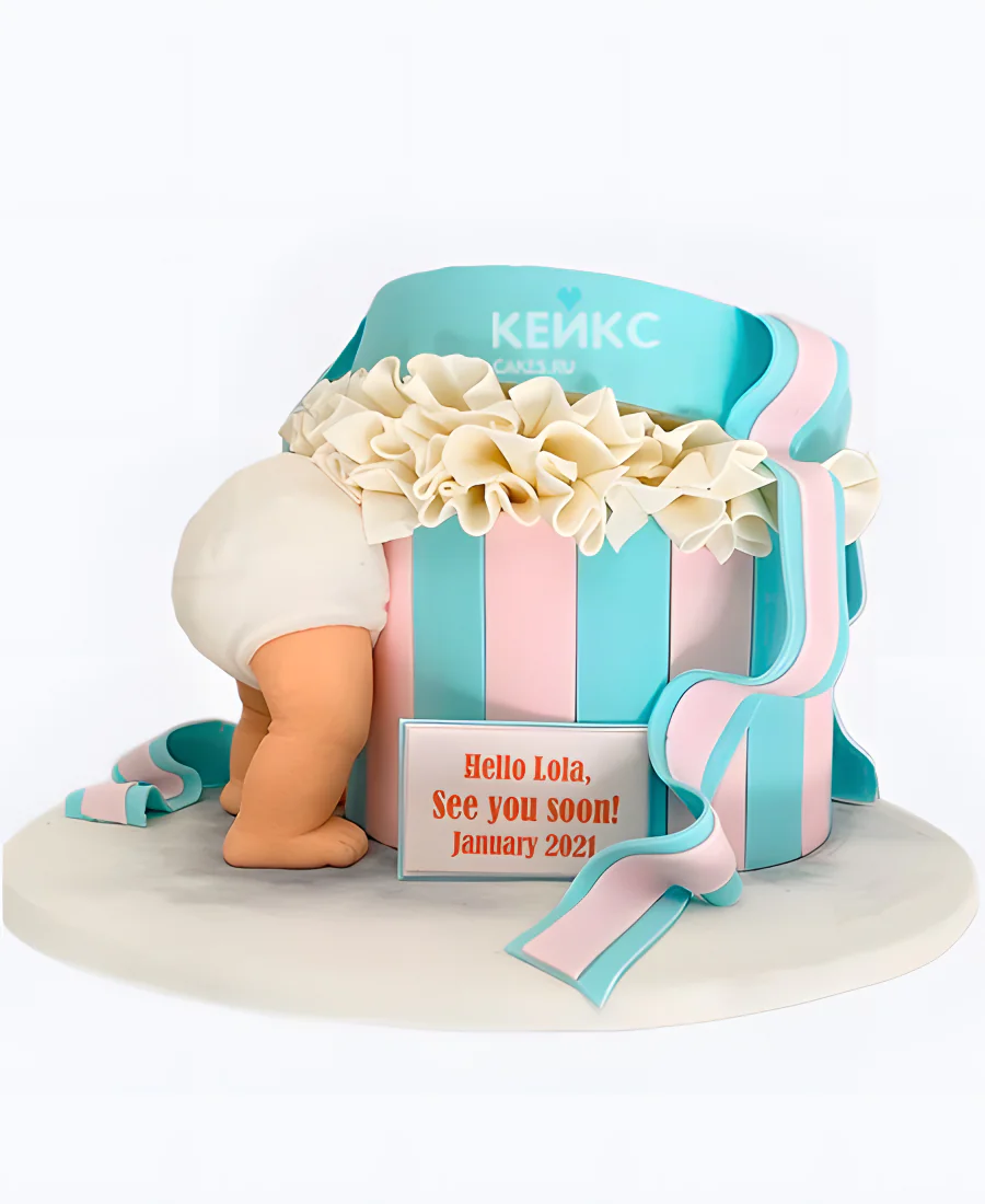 Торт в виде подарочной коробки с младенцем скоро буду Торт в виде подарочной коробки с младенцем скоро буду Фото