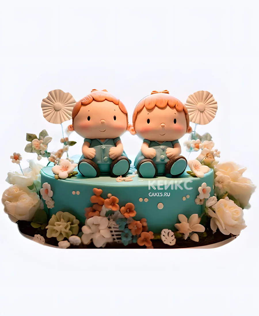 Тортик с двумя малышами и цветами для двойняшек Тортик с двумя малышами и цветами для двойняшек Фото
