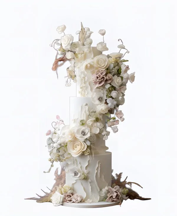 Тредовый торт с пышной композицией из цветов на свадьбу Тредовый торт с пышной композицией из цветов на свадьбу Фото