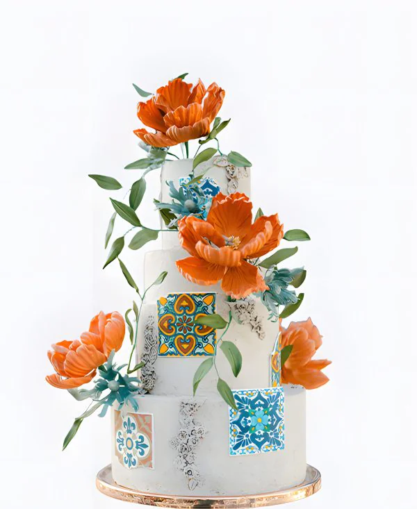 Трендовый свадебный торт с яркими цветами Трендовый свадебный торт с яркими цветами Фото