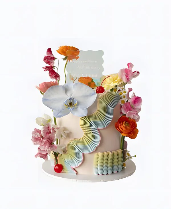 Трендовый торт на свадьбу с табличкой и цветами Трендовый торт на свадьбу с табличкой и цветами Фото