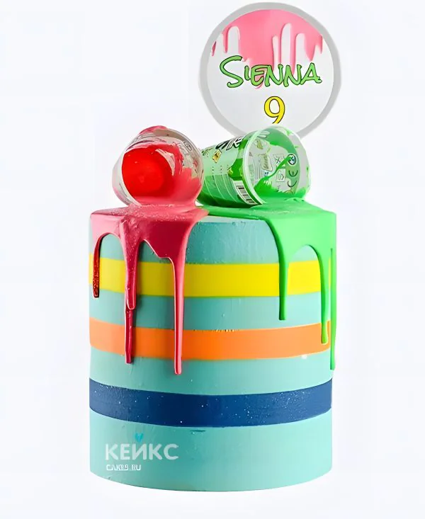 Высокий торт с красным и зеленым слаймом для девочки Высокий торт с красным и зеленым слаймом для девочки Фото