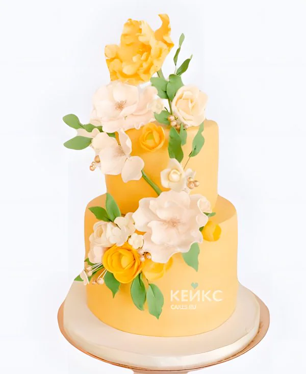 Желтый свадебный торт «Танец цветов» Фото